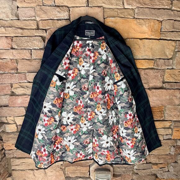 PAISLEY & GRAY XL WOOL TARTAN PLAID NAVY GREEN DOUBLE BREASTED LONG Men OVERCOAT - Picture 5 of 14